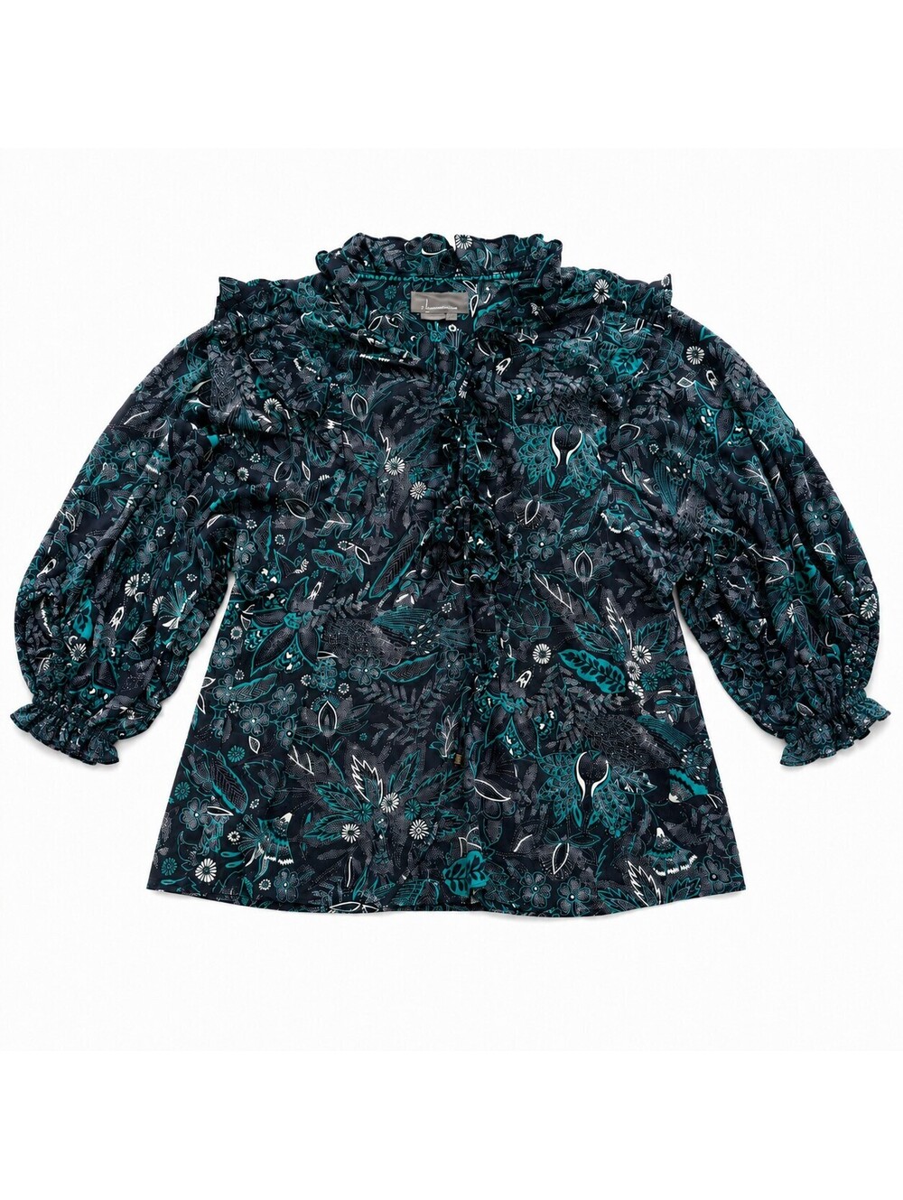 By Anthropologie Women’s S Navy Teal Floral Ruffle Tie Neck Boho Blouse